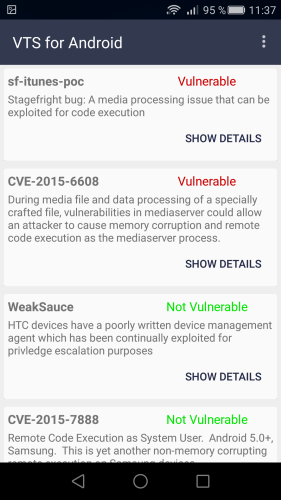 VTS for Android - lista de vulnerabilidades