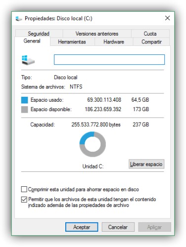 Propiedades de disco duro local en Windows 10