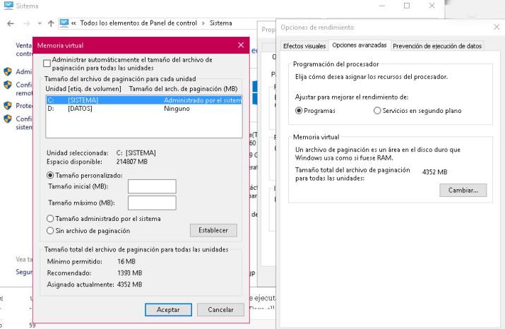 Tamaño archivo paginacion Windows 10