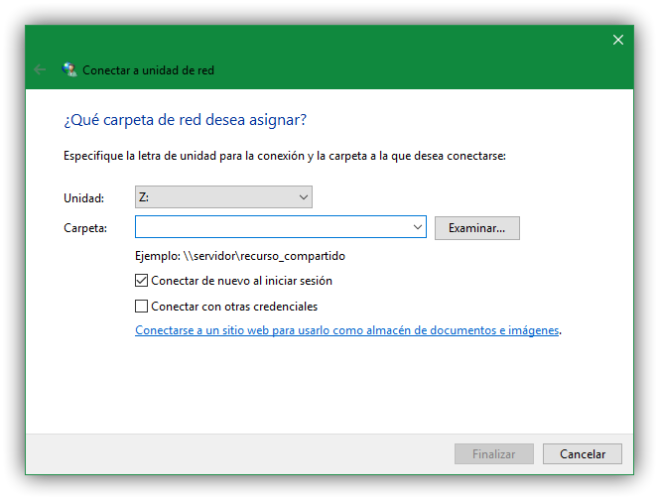 Asistente para conectar a una unidad de red en Windows 10