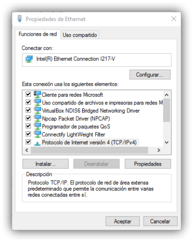 Propiedades de Ethernet Windows 10