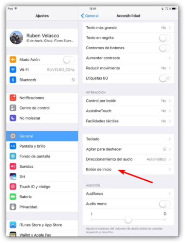 Opciones de accesibilidad de botón de inicio iOS
