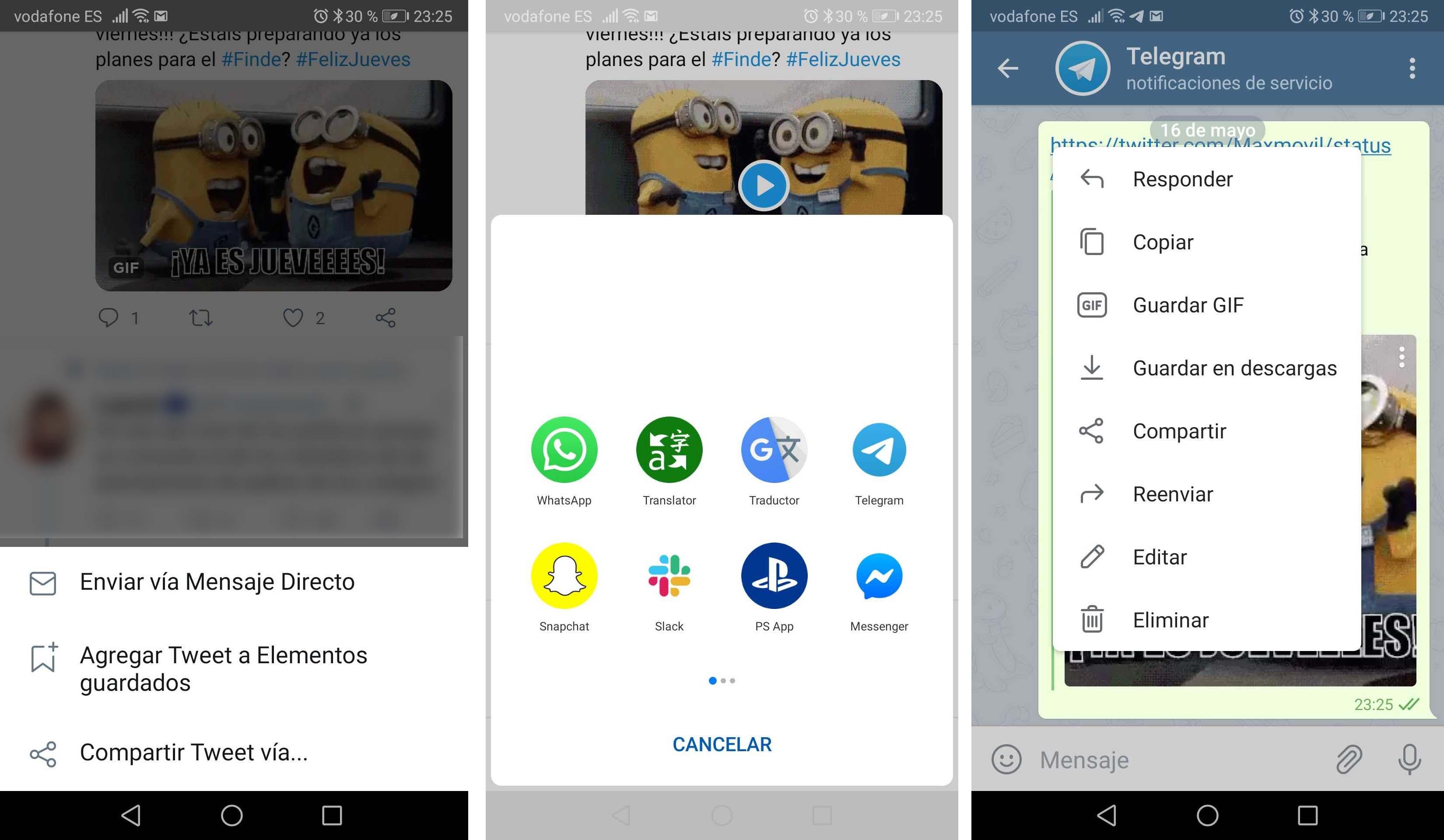 Capturas de pantalla que muestran los pasos para guardar un GIF en Telegram.
