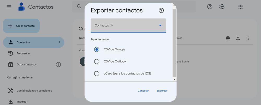 Proceso para exportar los contactos de una cuenta de Gmail