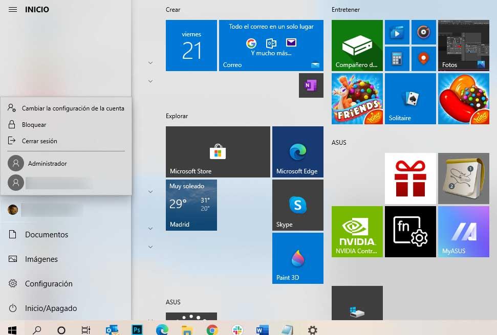 Menú inicio de la versión Home de Windows 10.