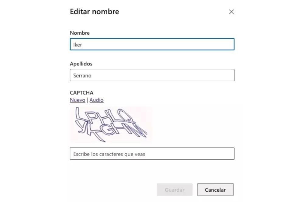 Editar nombre de usuario de la cuenta Microsoft en la página de perfil.