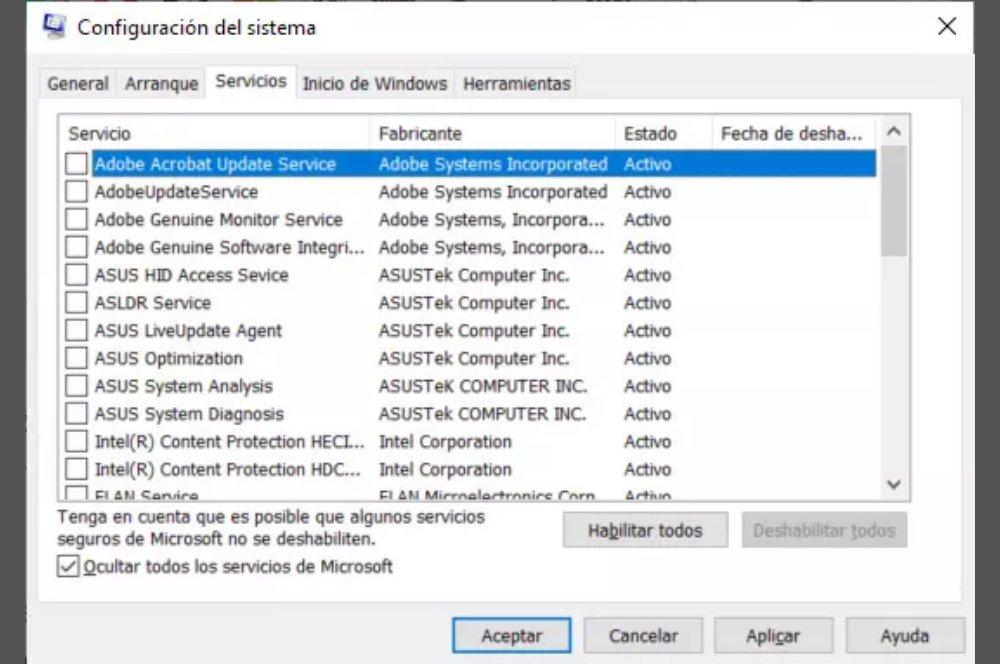 Menú de Configuración del sistema en Windows.