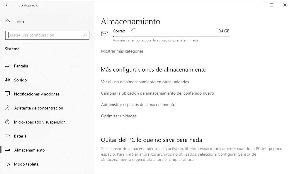 Captura de pantalla del apartado de Almacenamiento en Configuración de Windows 10.