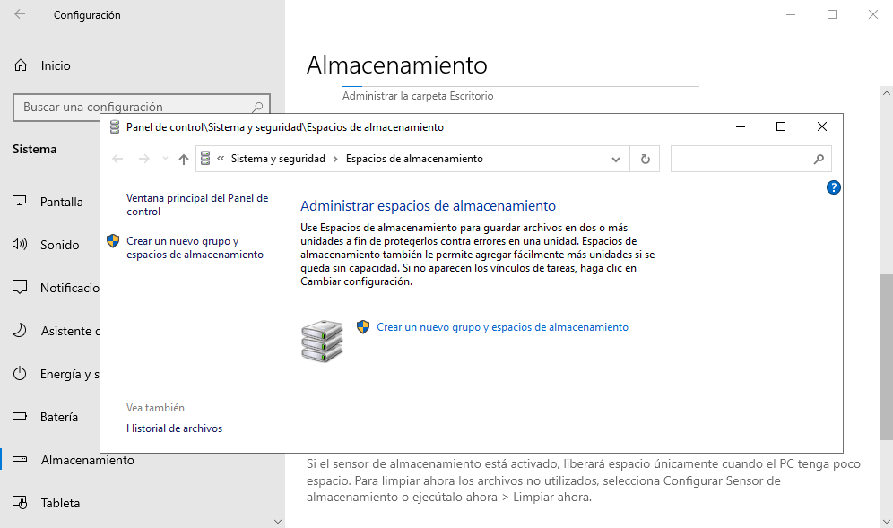 Captura de pantalla del menú para 'Administrar equipos de almacenamiento' en Windows 10.
