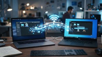 Representación conceptual de la transferencia inalámbrica de archivos entre dos ordenadores portátiles mediante una conexión WiFi.