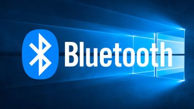Icono y logotipo de Bluetooth sobre un fondo azul con el diseño de la interfaz de Windows.