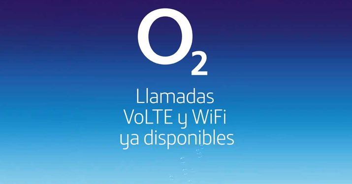 Anuncio de disponibilidad de llamadas VoLTE y WiFi con el logotipo de O2 sobre un fondo azul degradado.