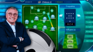 Balón de fútbol de estilo retro con el icónico logo de PC Fútbol y Michael Robinson