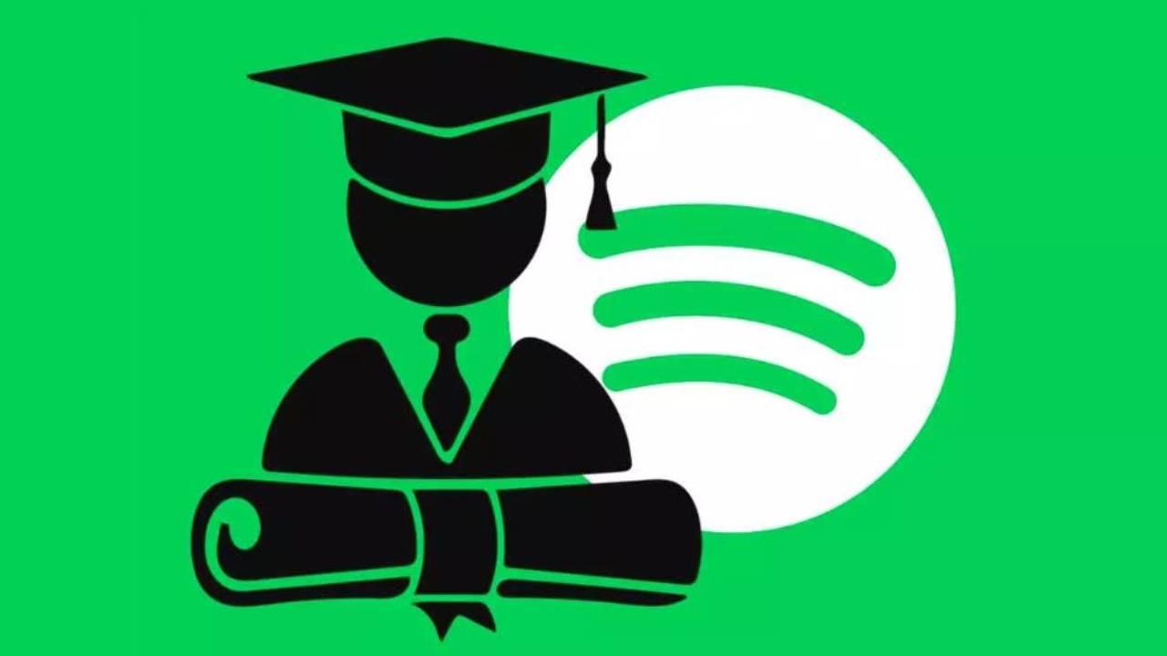 Figura de un estudiante sobre un fondo verde con el logo de Spotify.
