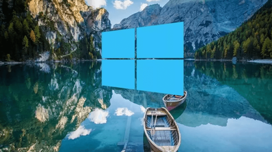 Logo de Windows sobre un fondo con un paisaje