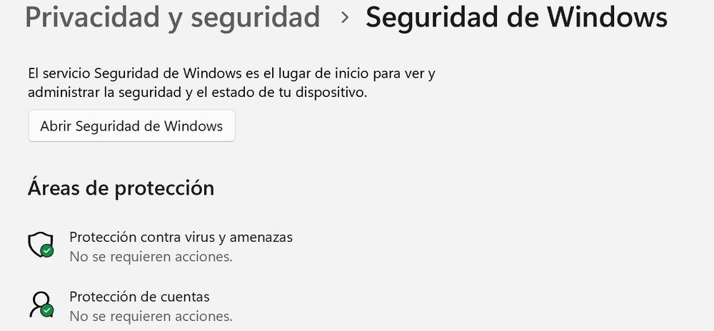 Menú de configuración de opciones de Seguridad de Windows