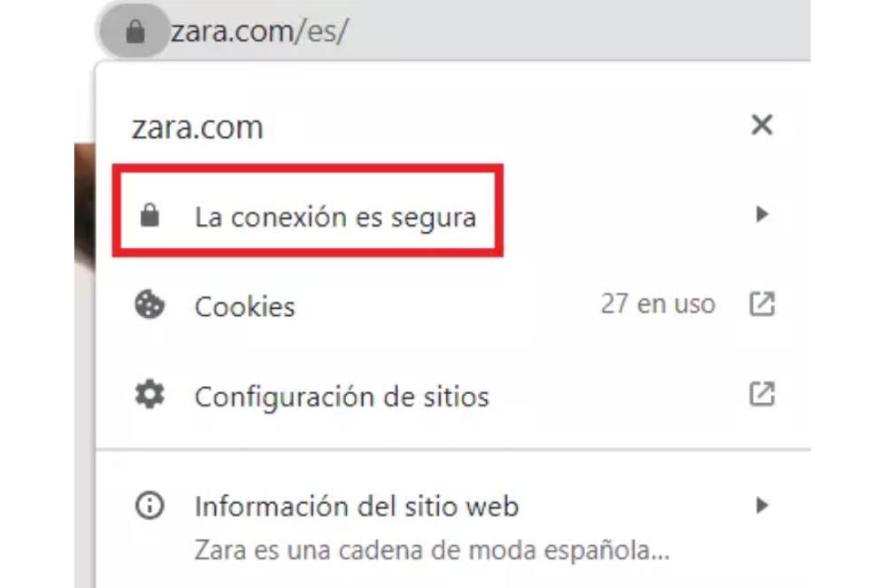 Captura de un navegador que muestra una conexión segura con la web de Zara.