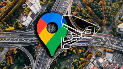 Coches en una carretera e icono de Google Maps