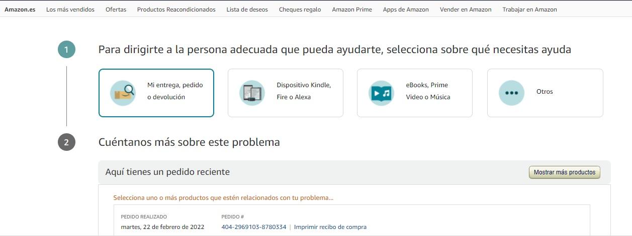 Página de contacto con Amazon por problemas en un pedido.