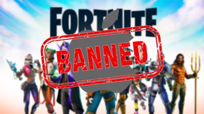 fornite personajes con logo de apple y cartel banned
