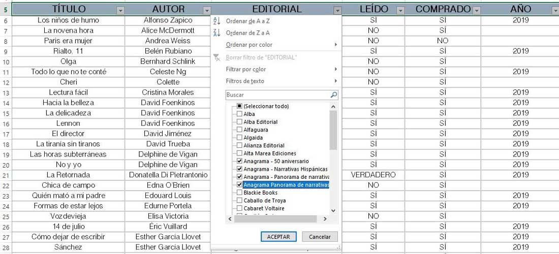 Usar filtros en Excel