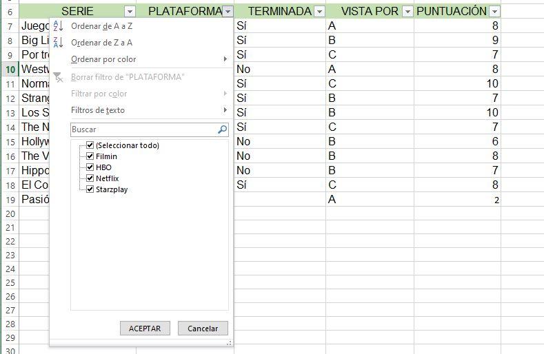 Usar filtros en base de datos de Excel