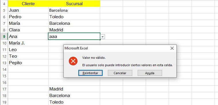 Lista desplegable de Excel Error