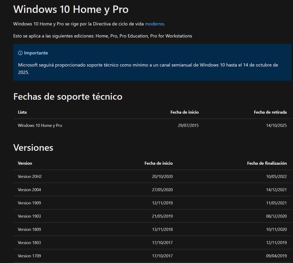windows 10 versiones soporte