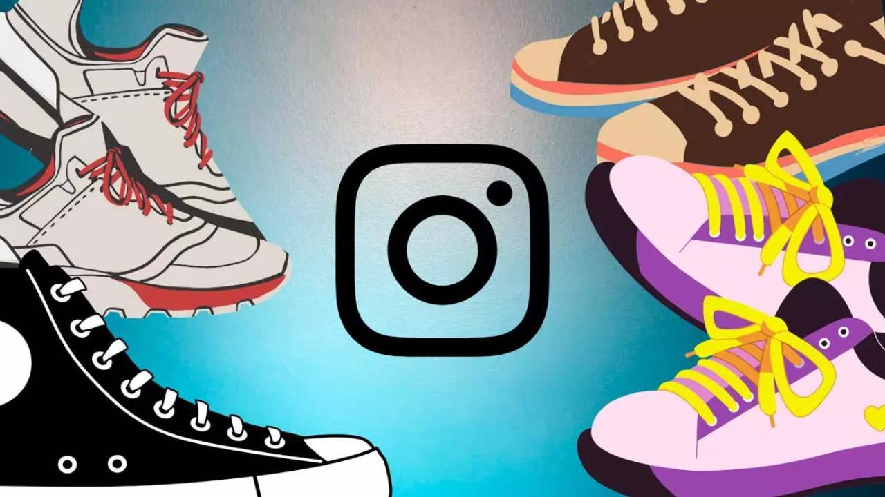 Logotipo de Instagram con zapatillas alrededor sobre un fondo azul.