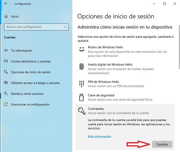 Opciones de inicio de sesión Windows 10