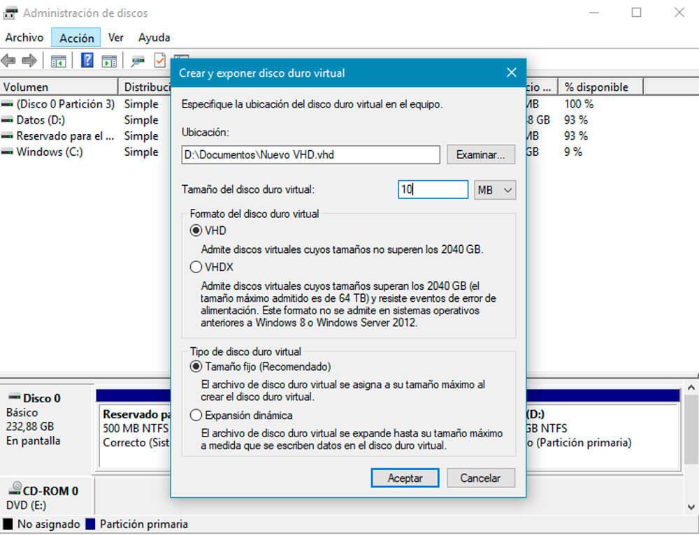 Cómo un disco duro virtual en Windows 10