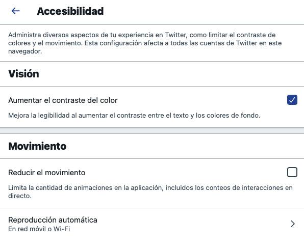 menu accesibilidad de twitter