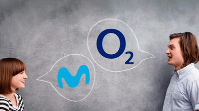 Comparativa visual entre los logos del operador O2 y Movistar, representando la elección entre sus servicios de fibra y móvil en España