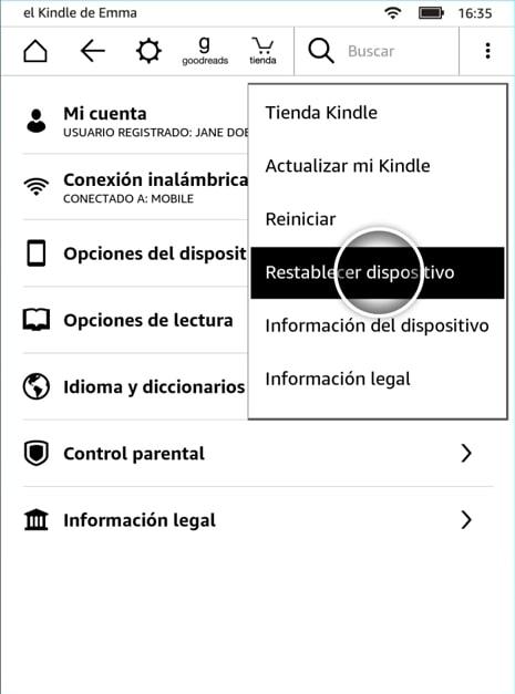 Menü Restablecer Dispositivo Kindle