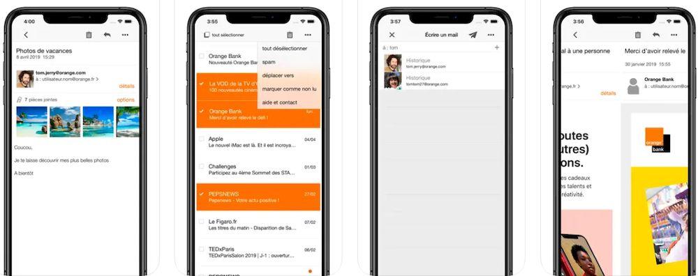 Una muestra con capturas de la app Mail Orange para móviles