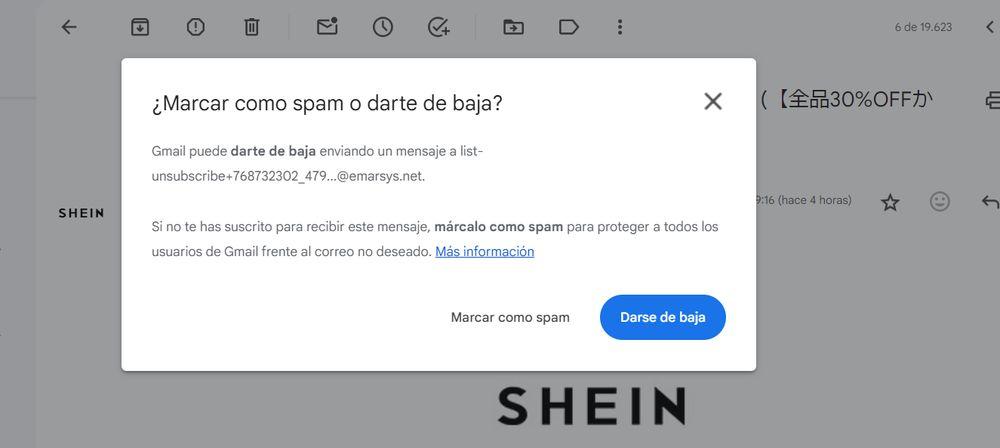 Mensaje de spam o dar de baja una suscripción en Gmail