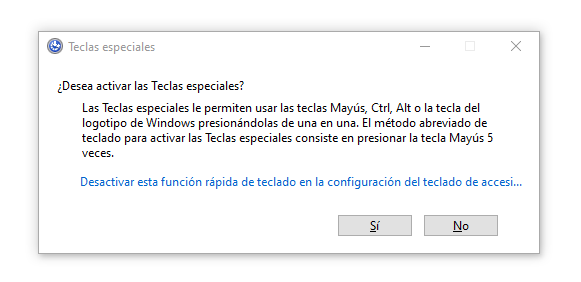 Cómo desactivar Teclas especiales Windows 10 (Sticky