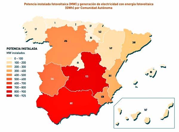 Mapa de España producción Energía solar