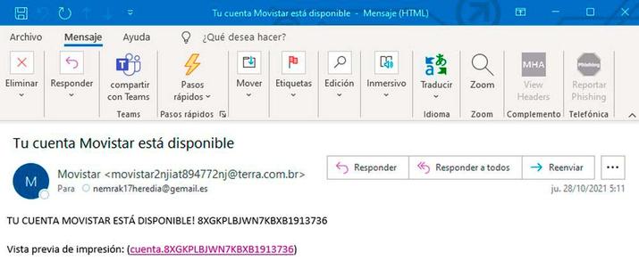 Correo electrónico con malware Movistar