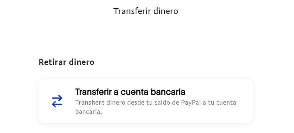 Interfaz de PayPal para enviar dinero a cuenta bancaria