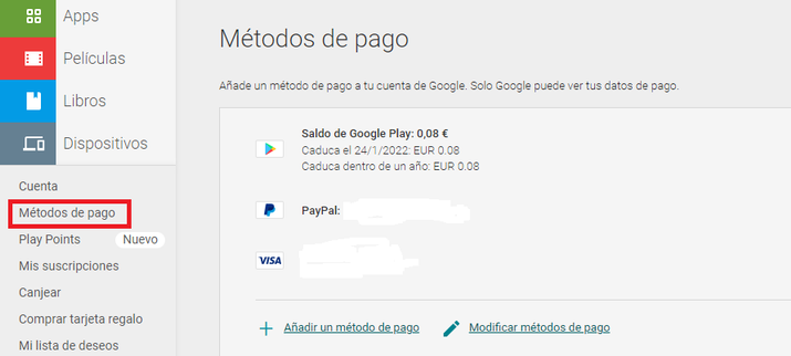 metodos de pago google play
