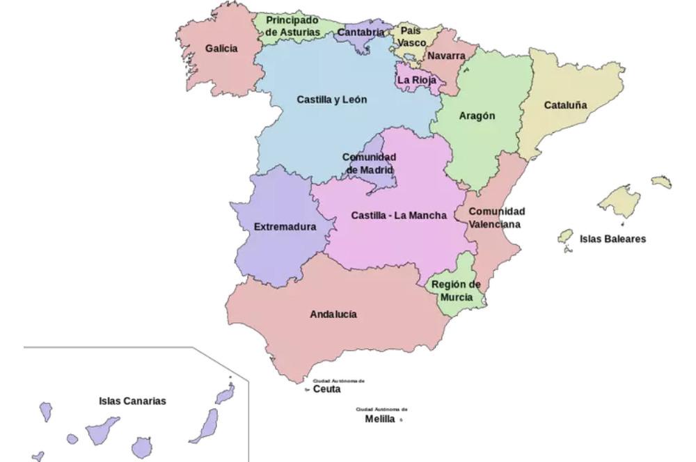 Mapa de comunidades autónomas en España.