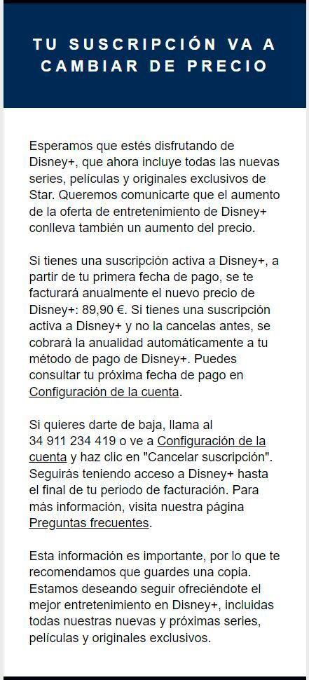 Mensaje de subida de precio Disney+