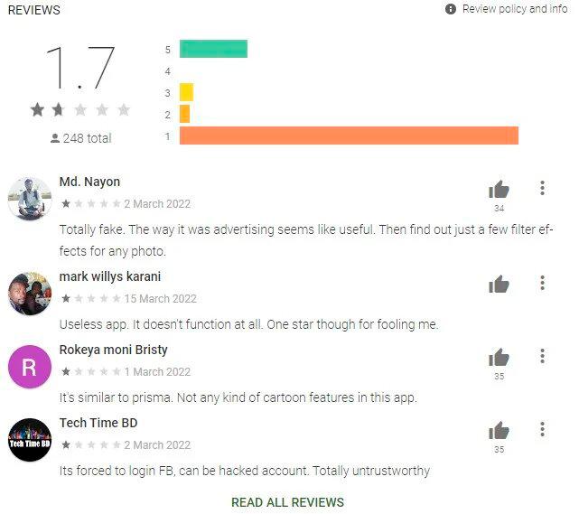 Reseñas negativas en Play Store