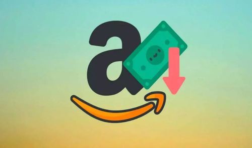 Logotipo de Amazon acompañado de un billete verde con una flecha roja hacia abajo.