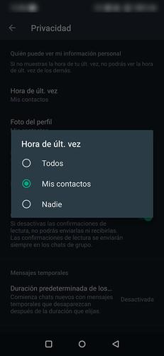 WhatsApp opciones última conexión