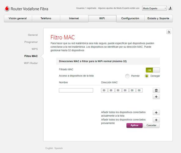 Filtro MAC en router Vodafone