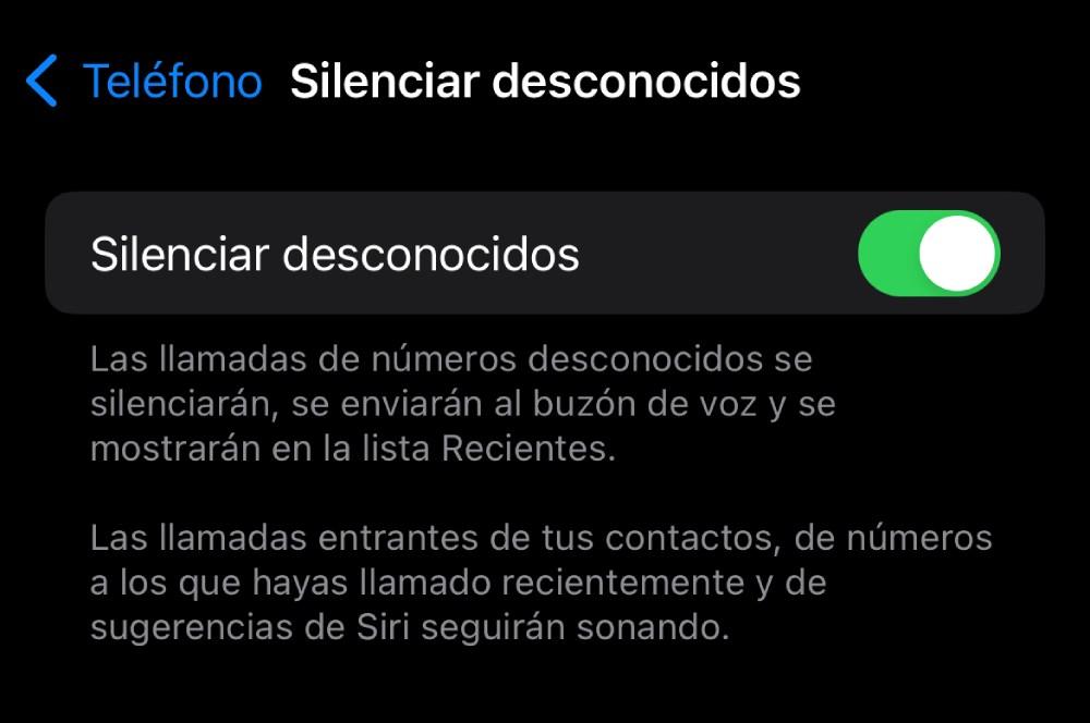 Opción para silenciar contactos desconocidos en iOS.