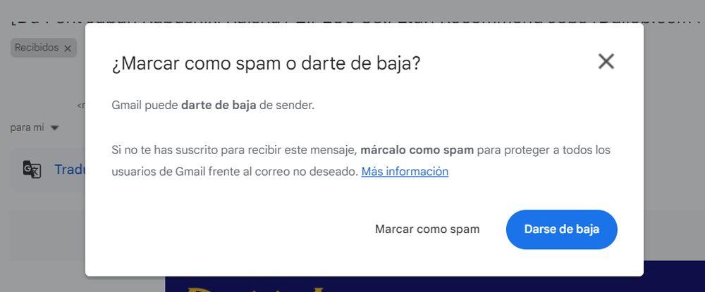 Marcar mensaje como spam o darse de baja en la interfaz de Gmail web