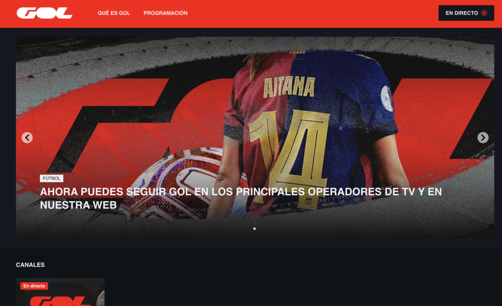 Interfaz de la página web oficial del canal GOL en España.